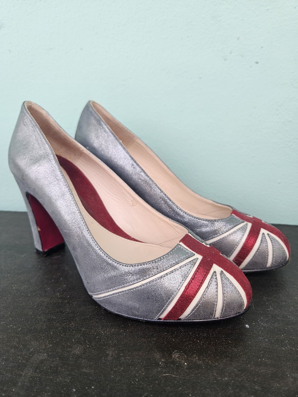 The Jackson Twins Union Jack Silver and Red Women's Heels - Size 38 (7.5)
